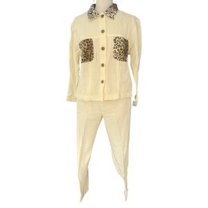 Vtg 90s Susan Christopher Leopard 2 Pc Cream Pants Set Sm Mob Wives Glam NWT